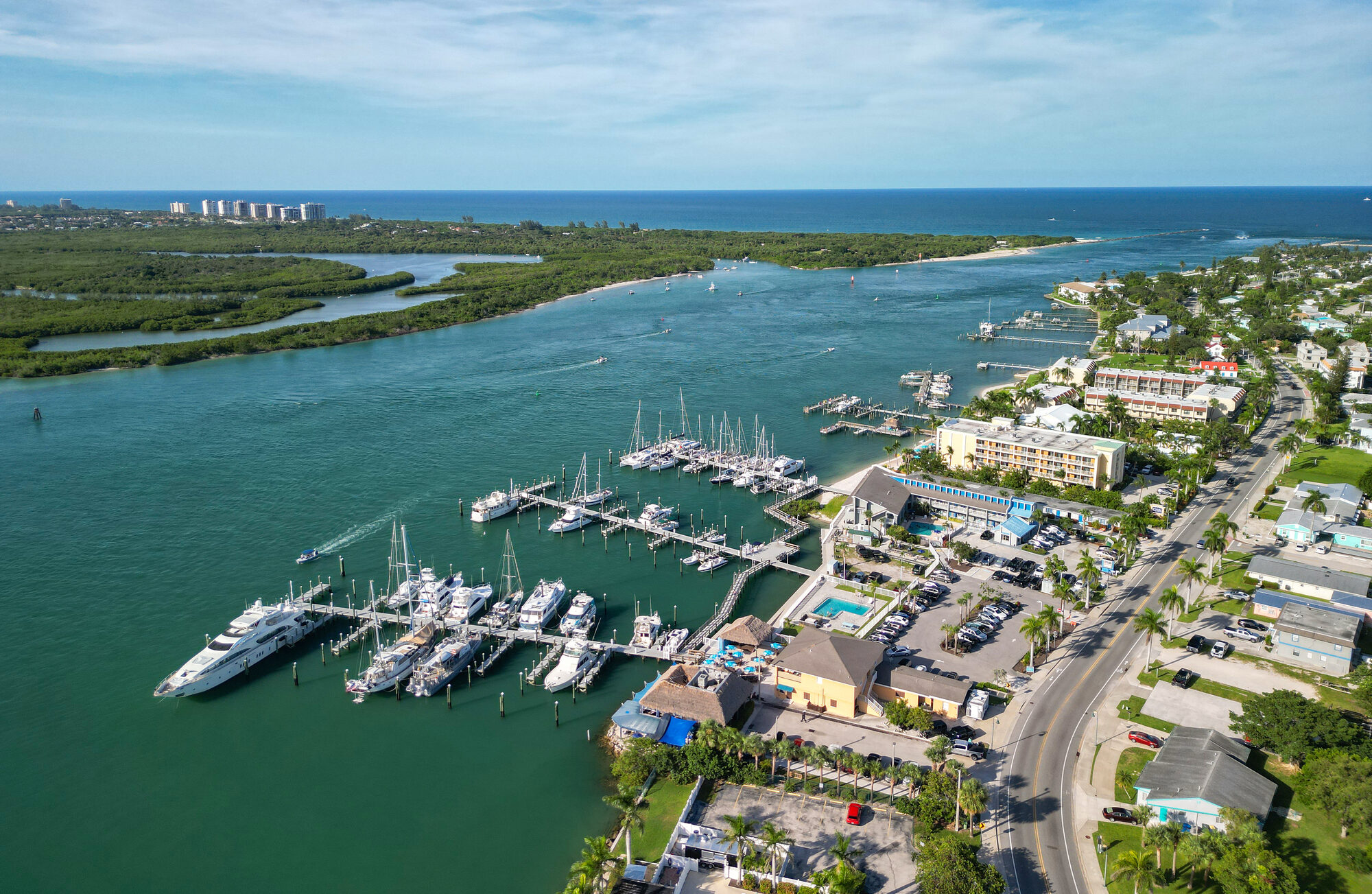 Riverside resorts and beachside homes in the Fort Pierce area on South Hutchinson Island in St. Lucie County, Florida, USA.